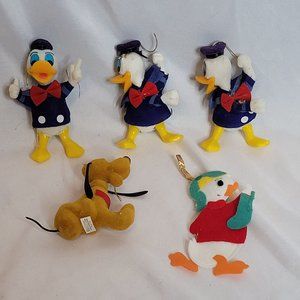 Vintage Flocked Disney Christmas Ornaments Donald Duck Pluto Felt Duck